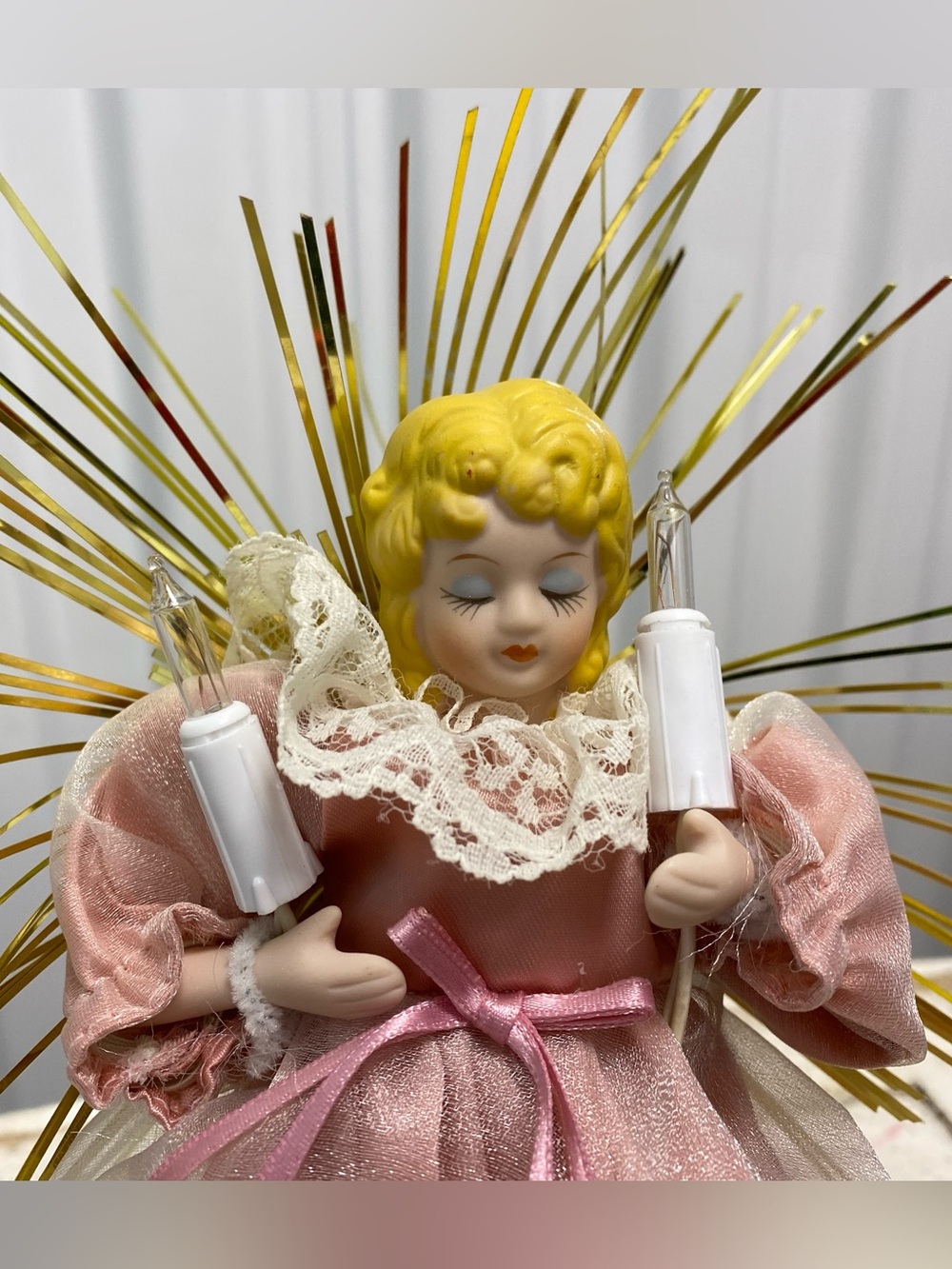 Vintage 10 Light Angel 9" Decorative Pink Dress Porcelain Head Tree Topper